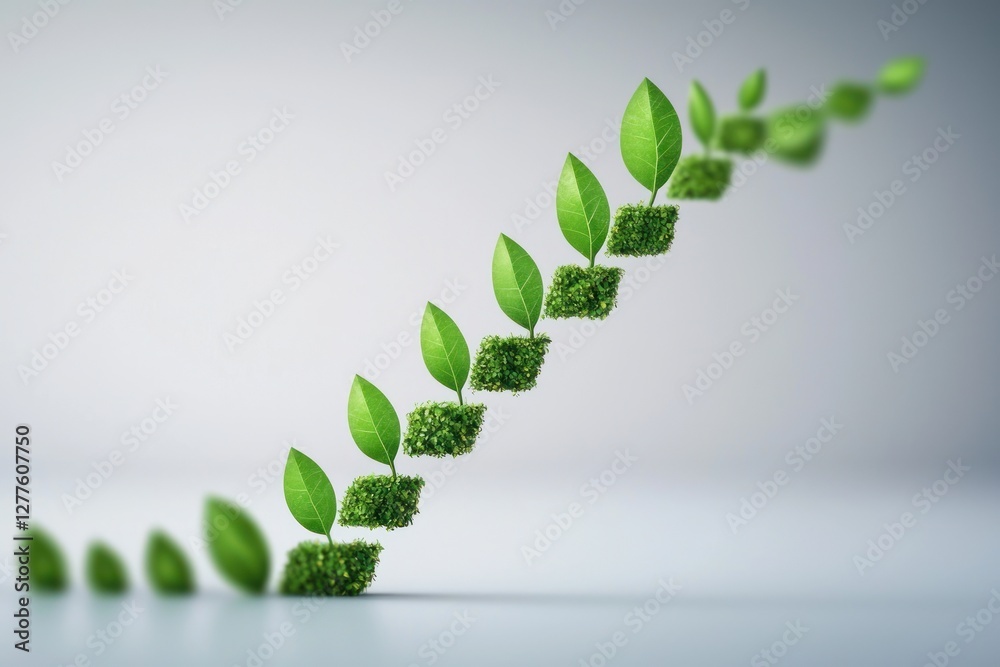 Aufkleber Green Growth Steps Ascending on Gradient Background Symbolizing Progress and Sustainable Development with Leafy Plants