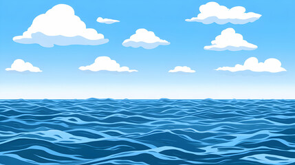 Serene ocean scene with puffy white clouds and a clear blue sky, perfect for travel, vacation, or nautical themes.
