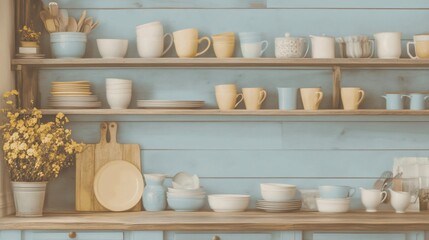 Pastel kitchenware on wooden shelves.