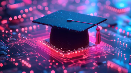 Graduation Cap on Circuit Board: A Symbol of Digital Education Triumph