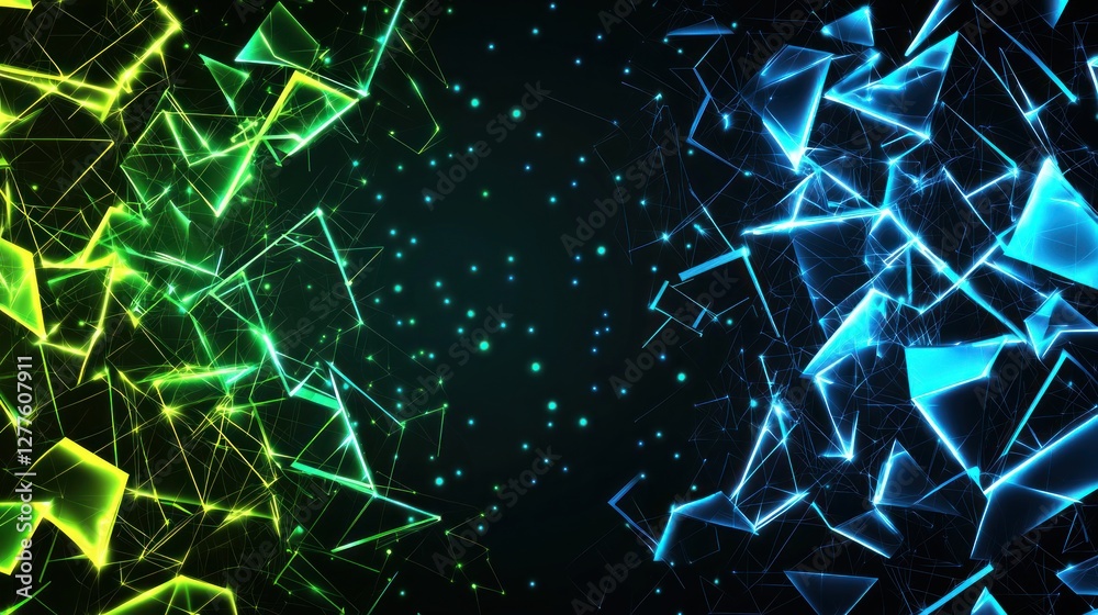 Fototapete geometric abstract with vibrant green and blue illuminated triangles against a dark backdrop creatin