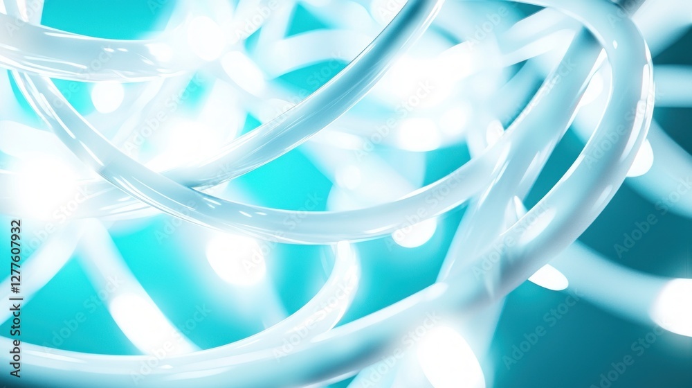 Poster Abstract luminous tubes against turquoise backdrop creating a futuristic and modern design for technology and science with soft light and dynamic composition
