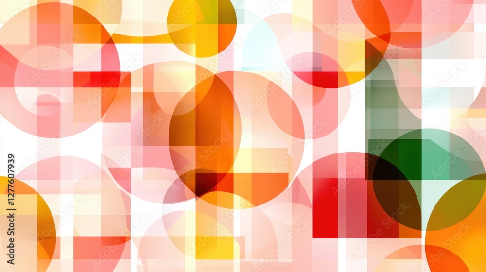 Poster Abstract geometric design featuring overlapping circles and squares in vibrant shades of red orange yellow and green creating a modern and dynamic background