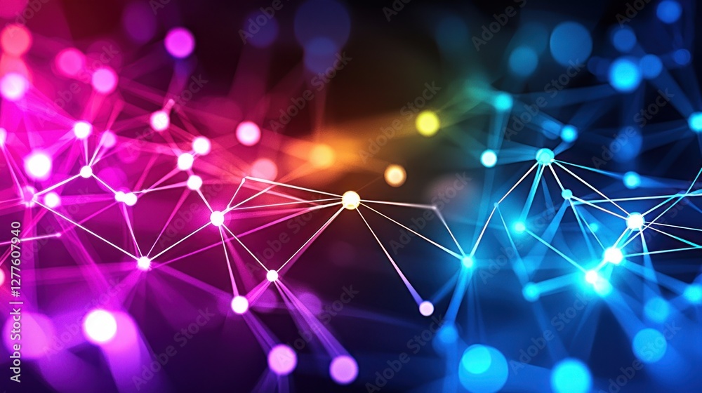 Aufkleber Abstract network connection with colorful bokeh lights and glowing nodes in a dark background creating a vibrant and futuristic atmosphere for technology concepts