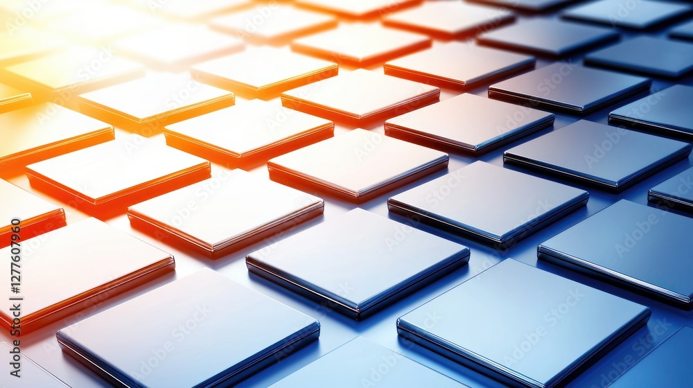 Poster Abstract array of chrome squares on blue gradient background with warm light and soft shadows creating a modern and technological aesthetic