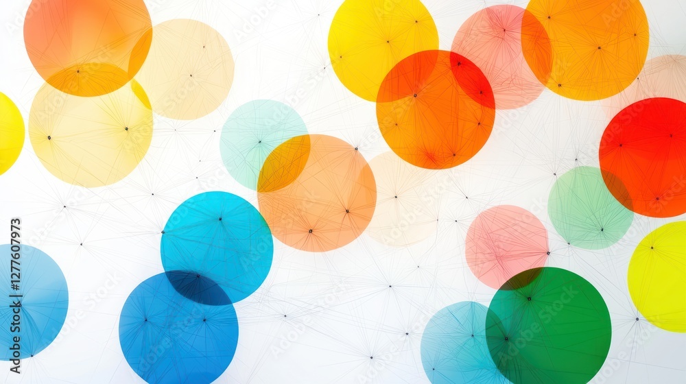 Poster Abstract network of colorful overlapping circles against a bright white background creating a modern and vibrant design with a sense of connectivity and innovation