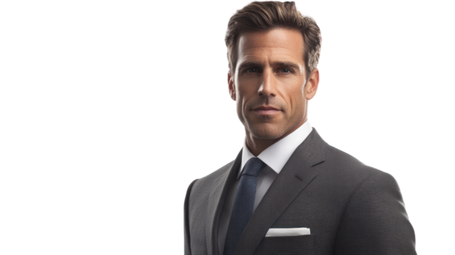 Confident business professional in a suit, exuding charisma and leadership qualities. Suitable for corporate, marketing, and professional purposes.