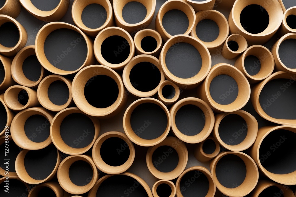 Aufkleber abstract arrangement of wooden cylindrical forms with dark interiors creating a modern and minimalis