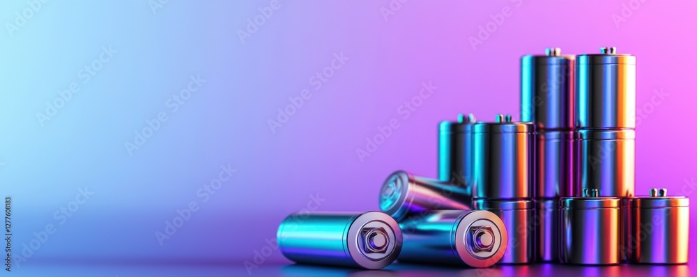 Poster stacked rechargeable batteries in vibrant neon light on a soft gradient background for energy soluti
