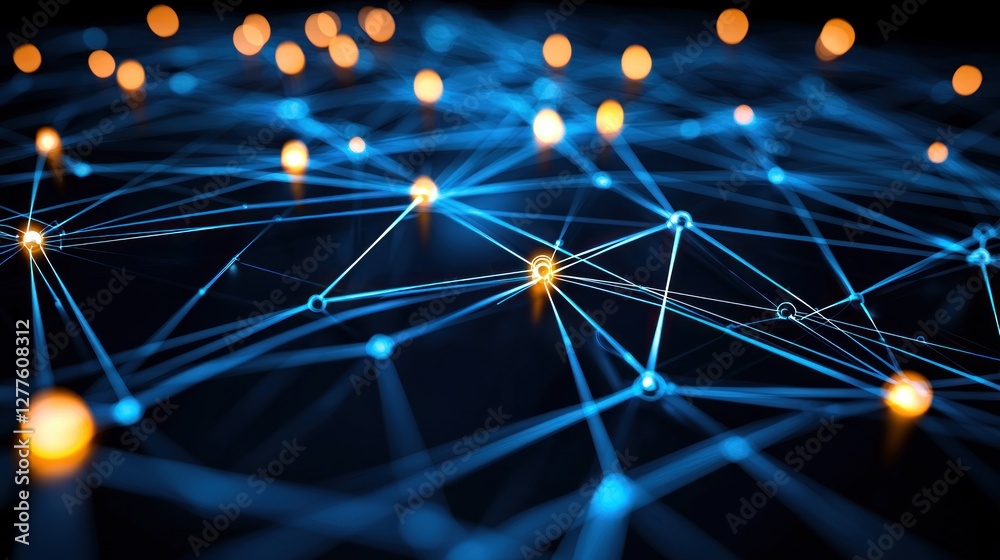 Poster Futuristic network connection with glowing nodes and interconnected lines on dark background