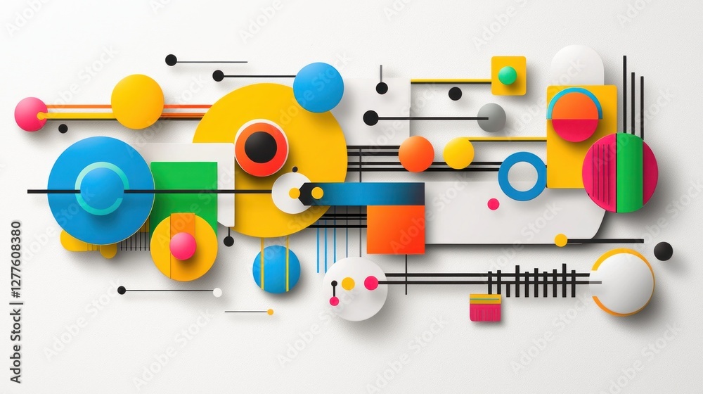 Poster vibrant abstract composition with geometric shapes playful modern design on white background artisti