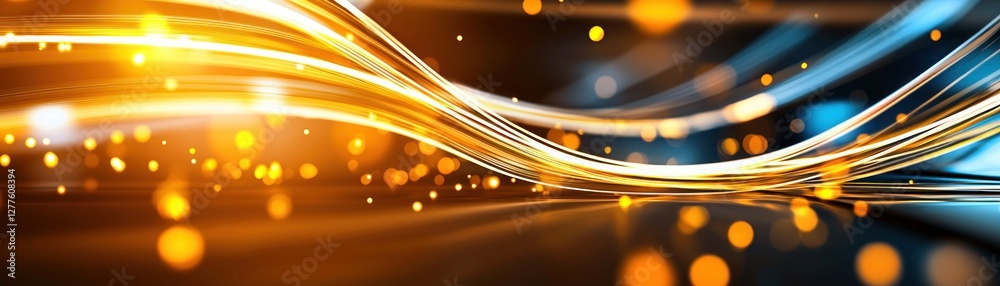 Poster Abstract golden light streaks with bokeh effect on a reflective surface creating a futuristic and dynamic background for technology and innovation concepts