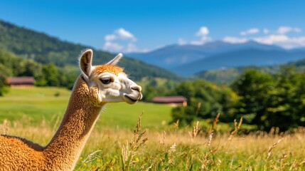 Obraz premium Serene portrait of a llama grazing in a lush meadow against a backdrop of majestic mountains and a clear blue sky