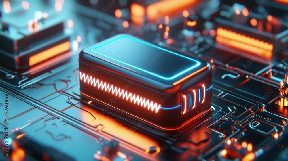 Poster Futuristic Circuit Board Close Up with Glowing Neon Lights and Intricate Details for Technology Innovation and Modern Computing
