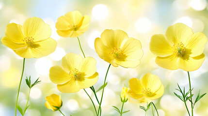 Fototapeta premium Vibrant yellow flowers blooming in a sunlit meadow, delicate petals and soft bokeh background. Perfect for spring or summer themes.