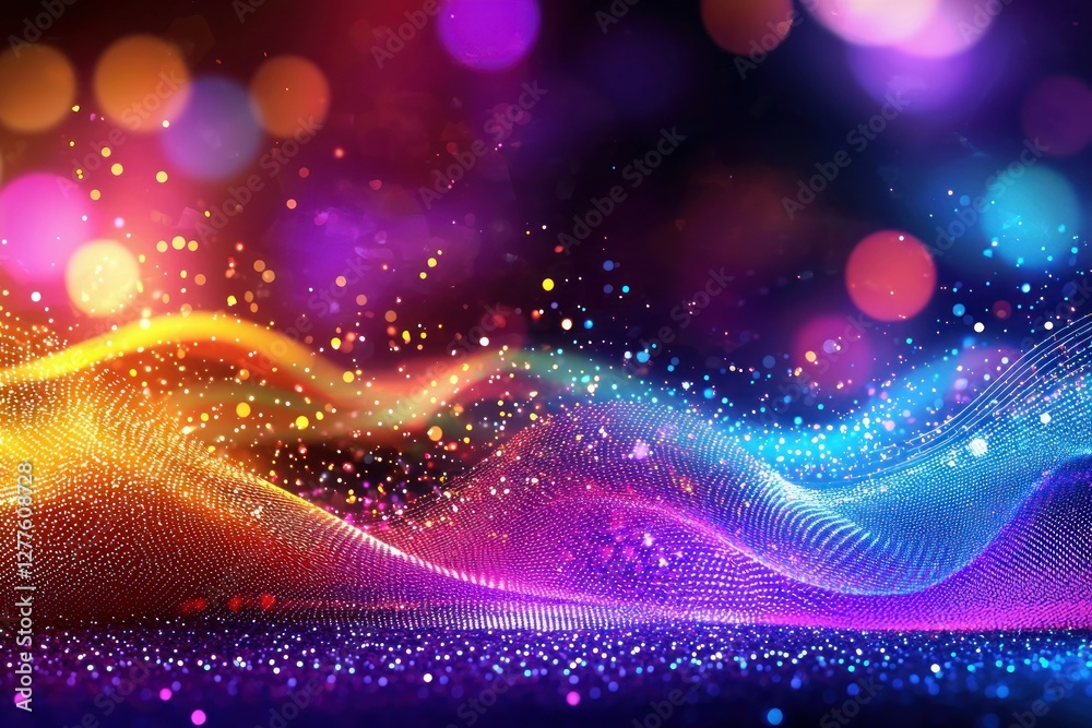 Fototapete Captivating wave of vibrant particles in a mesmerizing display of colorful light and bokeh effect, creating a dynamic and artistic background