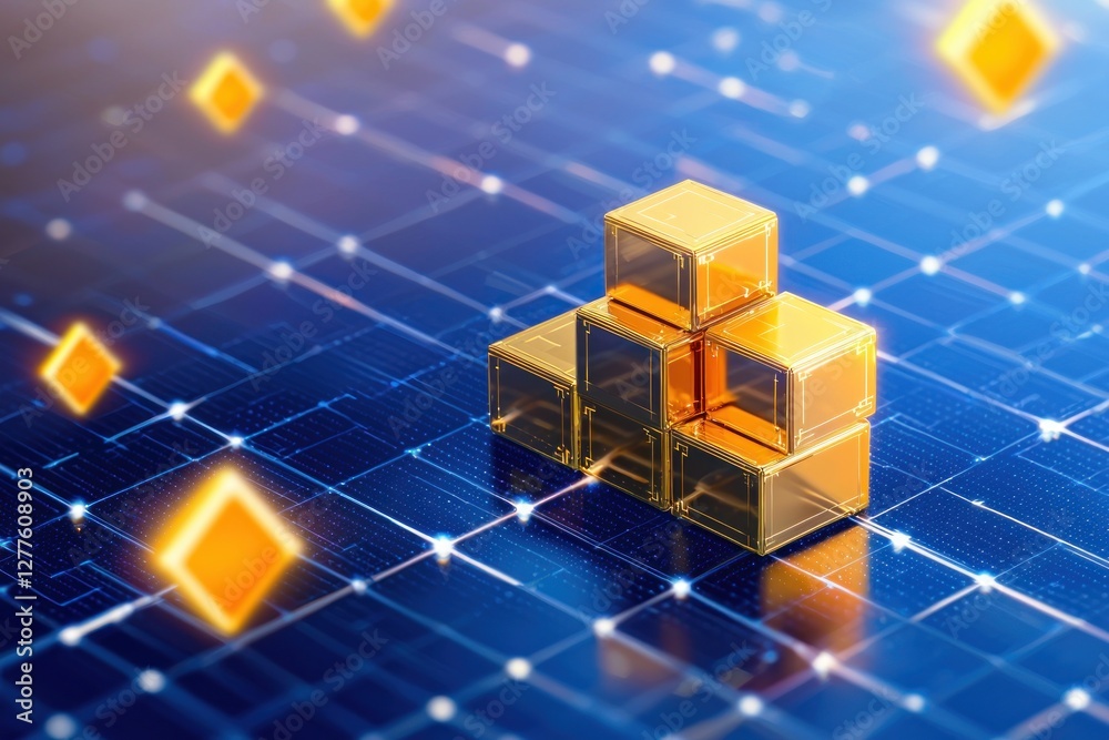 Poster Golden Cubes on a Blue Circuit Board Background Representing Technology Innovation and Data Structure with a Modern and Futuristic Style