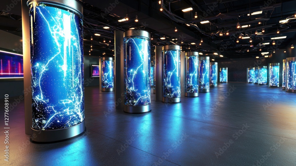 Poster Futuristic gallery with glowing blue cylindrical displays showcasing abstract energy patterns and light in a dark modern interior with sleek design and perspective