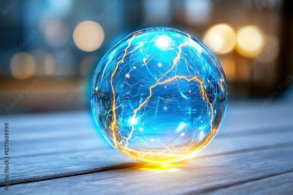 Aufkleber captivating blue energy sphere with luminous lightning streaks on rustic wooden surface creates a fu