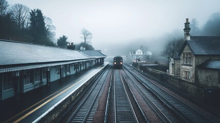 Fototapeta premium Misty morning train arriving at a quaint station.