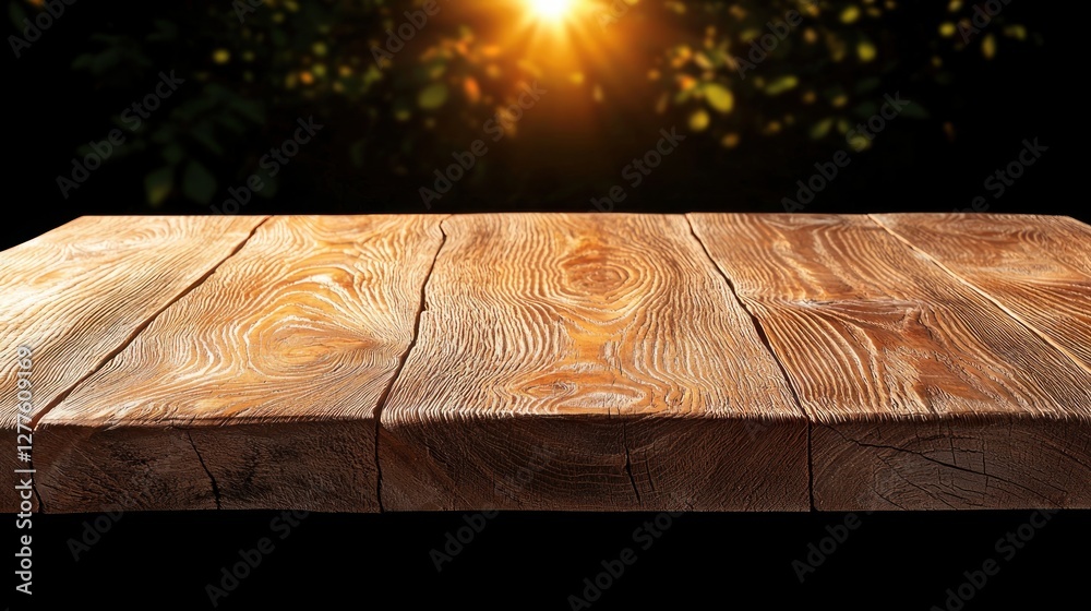 Aufkleber Rustic wooden table surface against a dark background with sunlit leaves creating a warm inviting atmosphere for product display