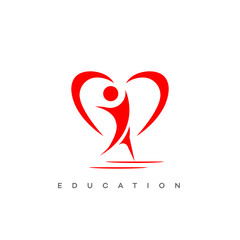 Education Logo Heart, Person, Learning, Growth, Success, Passion, Knowledge, Development, Red, Symbol