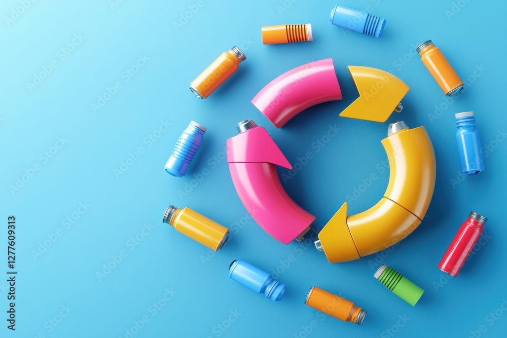 Poster vibrant recycling concept with colorful arrow cycle and bottles on light blue background symbolizing