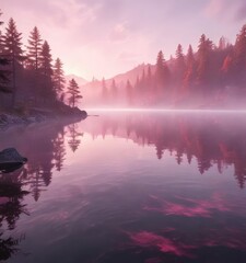 Fototapeta premium A soft pink mist rises from the surface of a serene lake on a warm summer day, subtle colors, soft pink mist