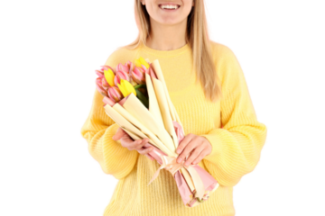 PNG, March 8. Girl holding flowers in her hands, isolated on white background.