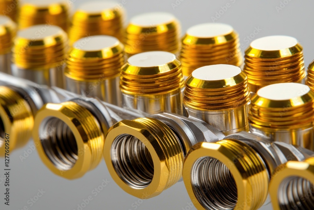 Poster close up of a gleaming brass manifold with multiple ports against a neutral background showcasing pr