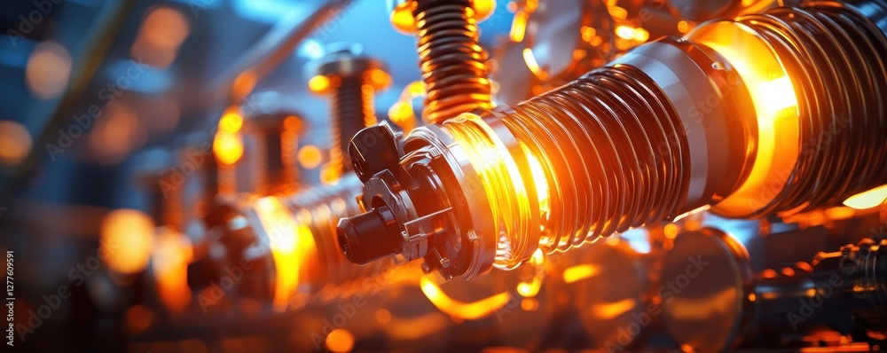 Aufkleber close up of engine parts with warm lighting and shallow depth of field in automotive industry