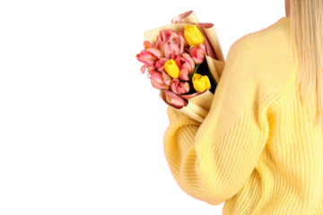 PNG, March 8. Girl holding flowers in her hands, with space for text, isolated on white background.