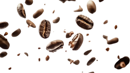 Floating coffee beans create an enticing visual. Perfect for showcasing the rich culture of coffee and its delightful essence in culinary art.