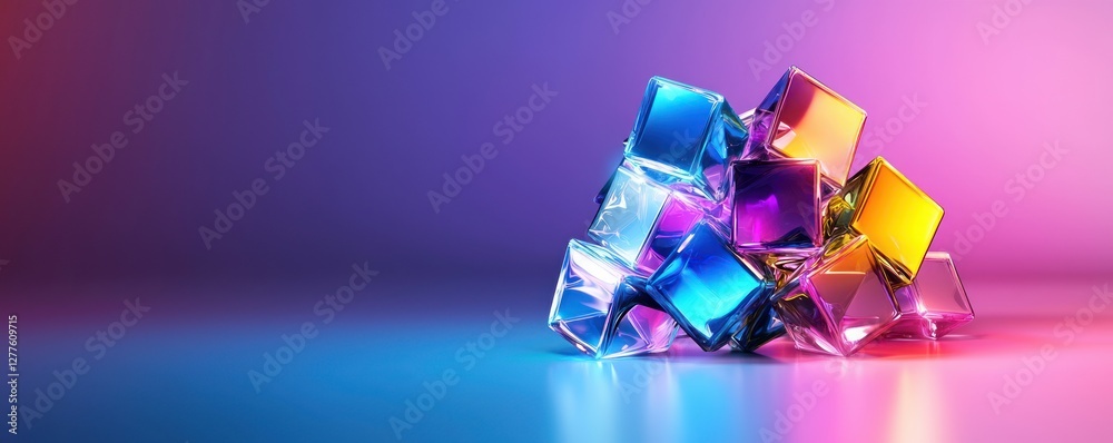 Poster Abstract arrangement of colorful glass cubes reflecting light on a gradient background creating a modern and vibrant visual effect for creative projects