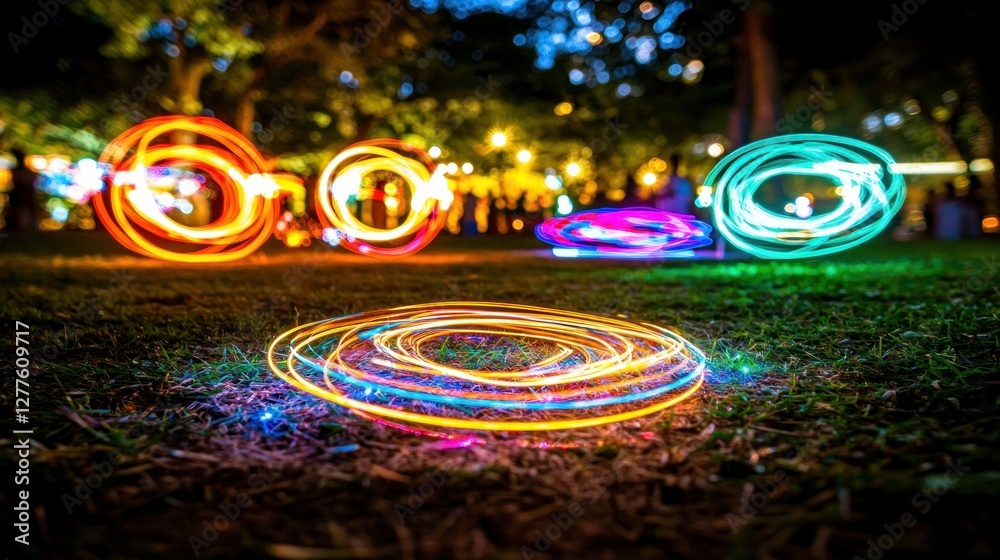 Aufkleber vibrant light painting display in the park at night with colorful circles and spirals on the grass c