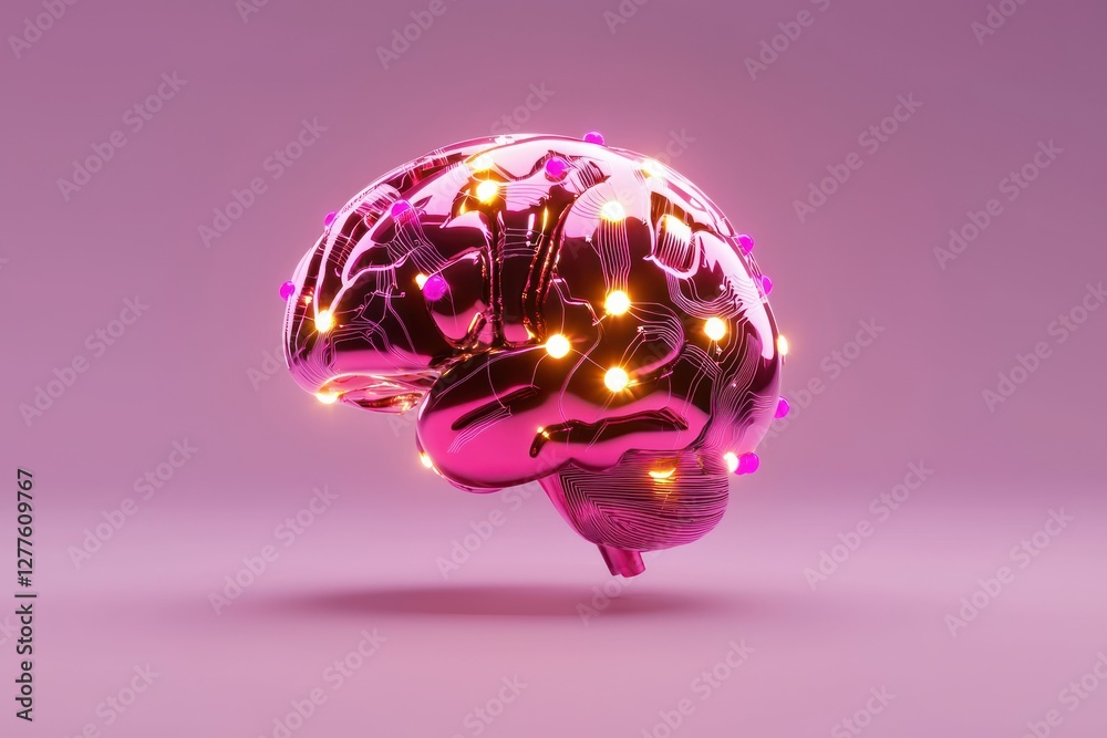 Poster Artificial intelligence brain with neural network connections on pink background for creative mind