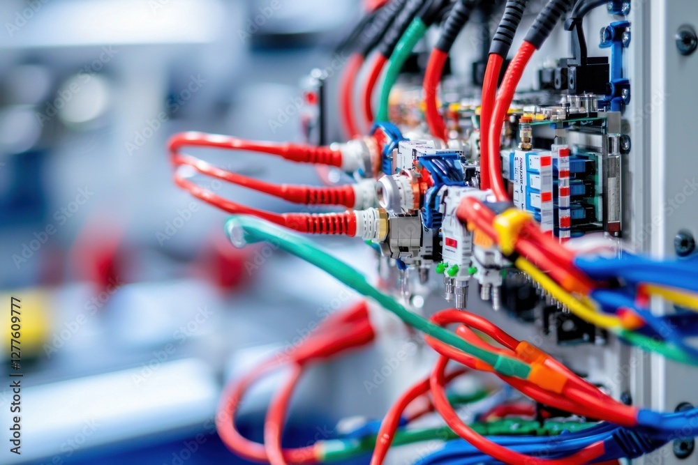 Poster Dynamic network infrastructure showcasing vibrant cables and connectors in a modern data center environment