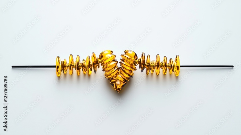 Poster Elegant golden glass sculpture on a black rod against a white background in a studio setting with soft lighting and a minimalist style