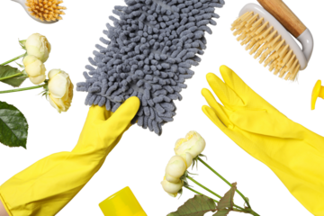 Spring cleaning, cleaning equipment and flowers, isolated on white background, PNG