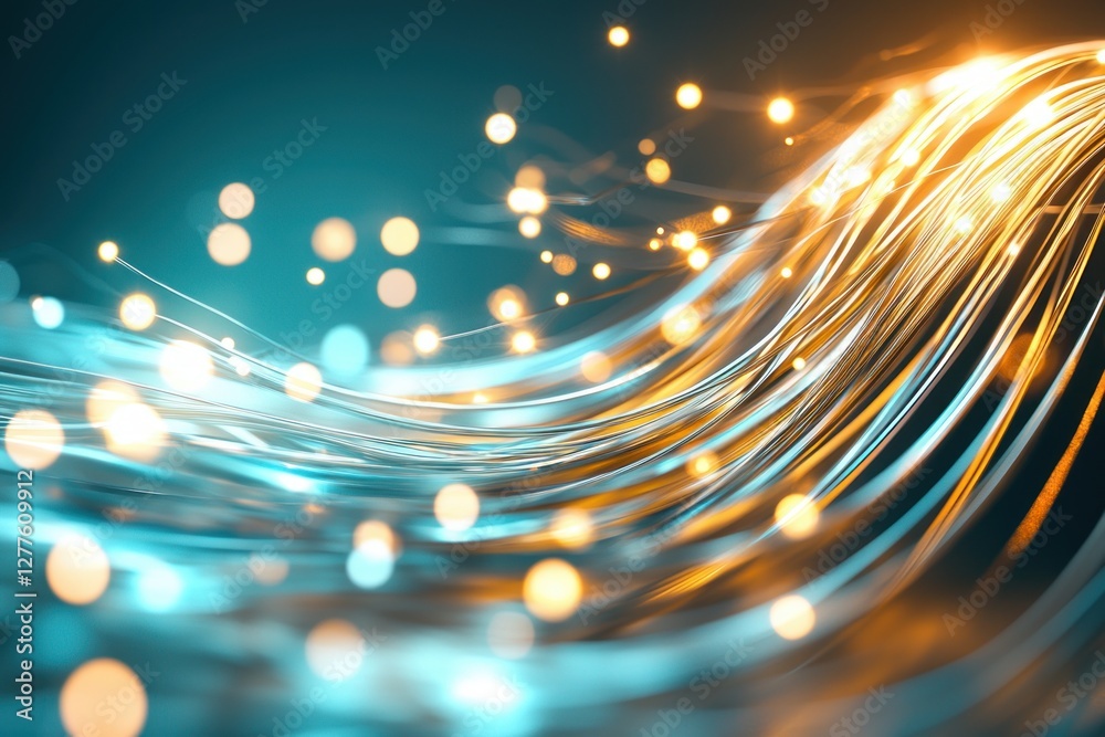 Poster abstract network connection with luminous fiber optic cables and bokeh lights on a teal background f