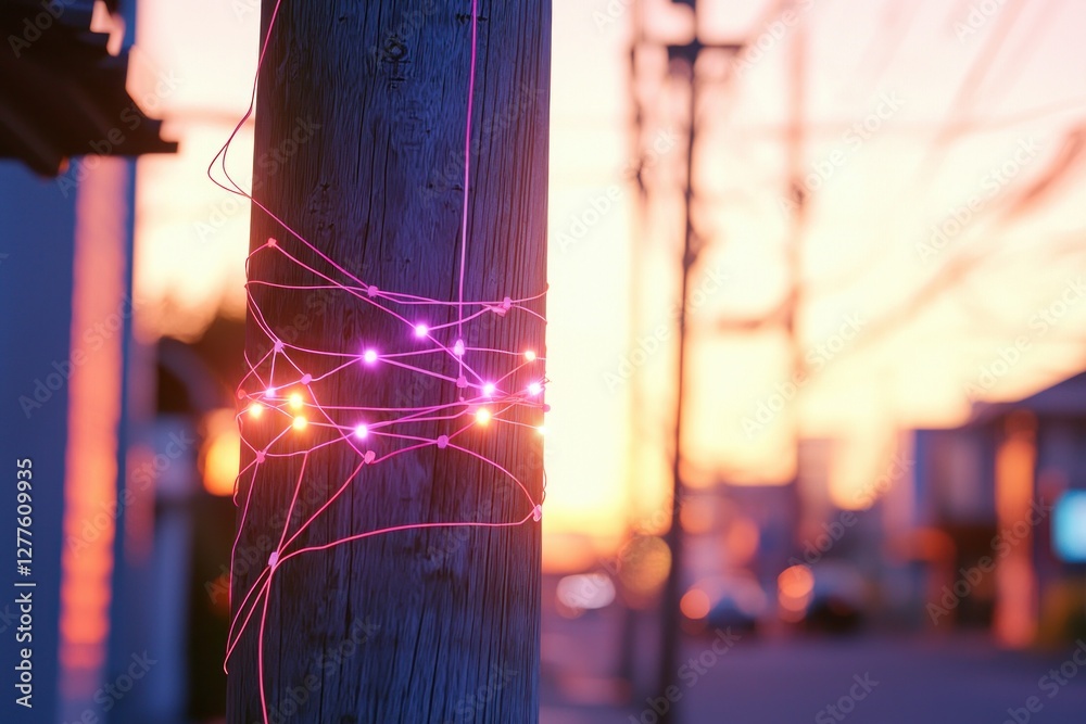 Aufkleber enchanting twilight scene of a wooden pole adorned with vibrant pink string lights casting a festive