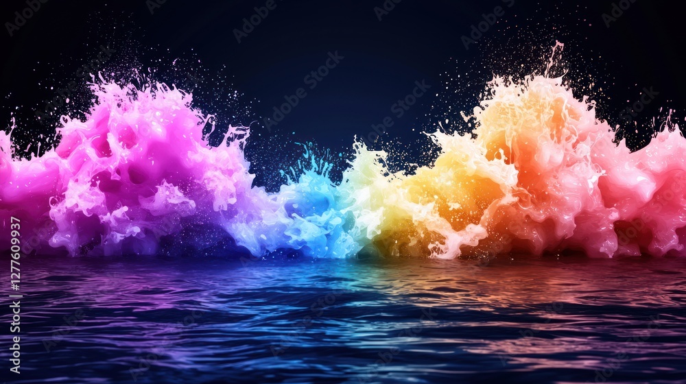 Aufkleber vibrant rainbow wave crashing on dark water surface abstract art with colorful splash and dreamy bac