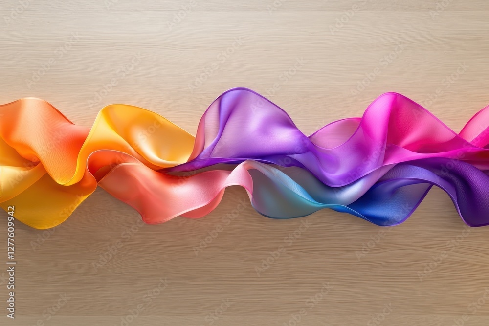 Poster colorful chiffon ribbon waves across a light wood grain surface creating a vibrant and flowing abstr