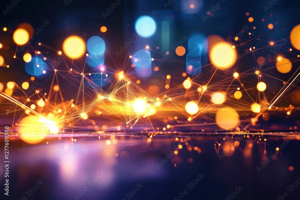 Poster Abstract luminous network with glowing nodes and connecting lines on a reflective surface creating a futuristic digital landscape