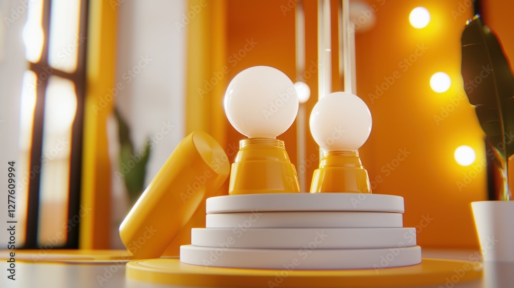 Poster abstract composition featuring spheres on tiered platforms in a warm yellow and white color palette