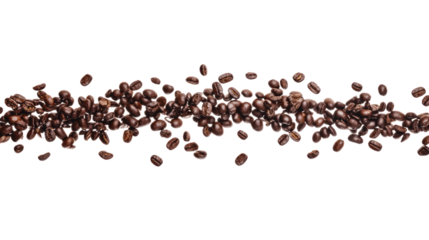 High-quality coffee beans scattered on a white background, showcasing their rich brown color and unique textures. Perfect for coffee lovers and baristas.