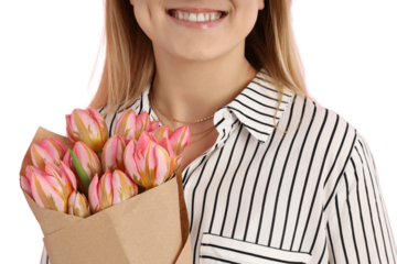 PNG, March 8. Girl holding flowers in her hands, isolated on white background.