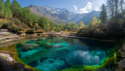 Stunning turquoise alpine lake nestled in a mountain valley, surrounded by lush green forests and towering peaks under a vibrant sky.