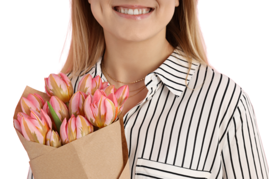 PNG, March 8. Girl holding flowers in her hands, isolated on white background.