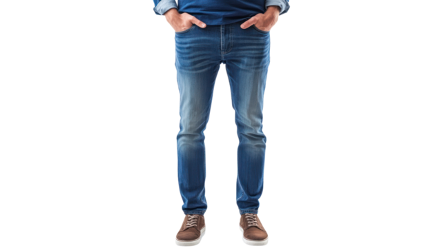 Man wearing casual blue jeans and brown shoes, hands in pockets, showcasing a relaxed and comfortable style, perfect for everyday wear.